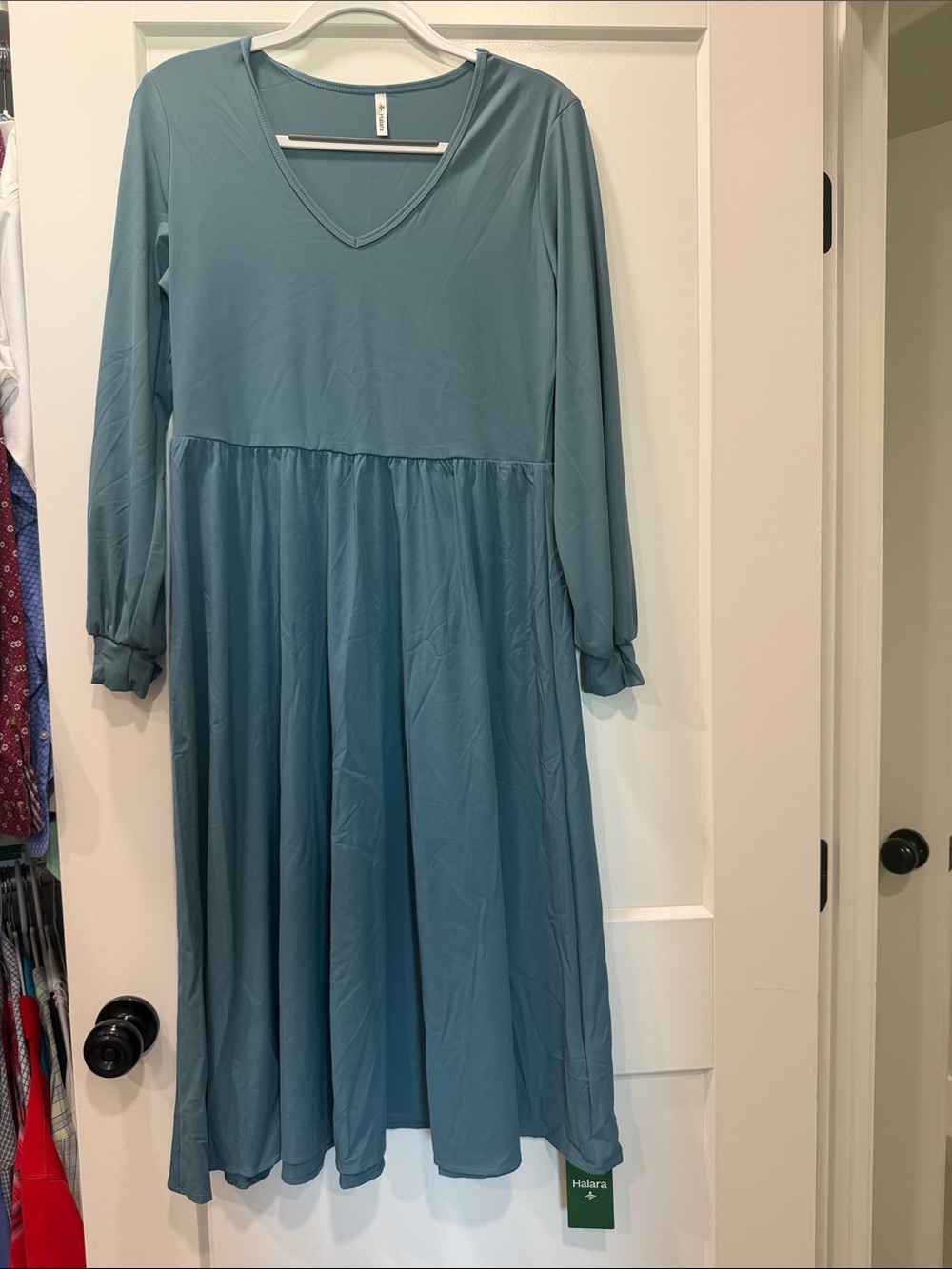 HALARA Teal V-Neck Long Sleeve Tiered Dress